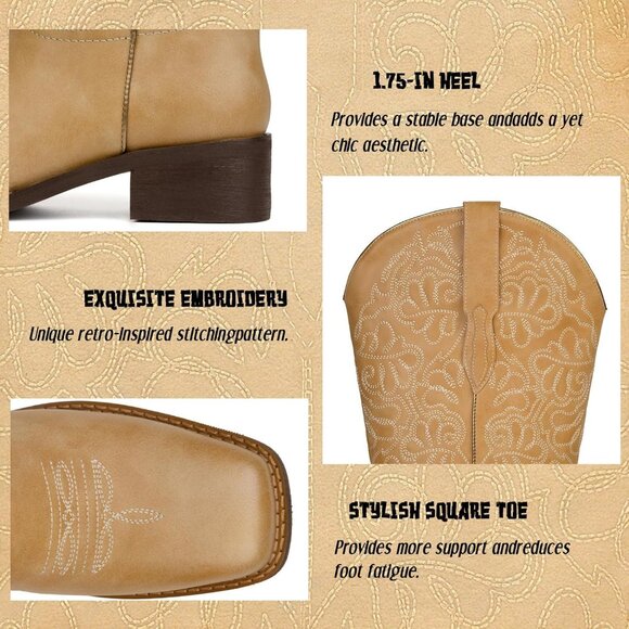 Women's Apricot Embroidered Square Toe Pull on Cowgirl Western Chunky Heel Boots - Picture 5 of 6